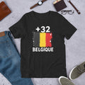 T-shirt Belgique +32 - Noir avec drapeau floqué effet éclaboussure de peinture - vue de face - Indicatif Fier