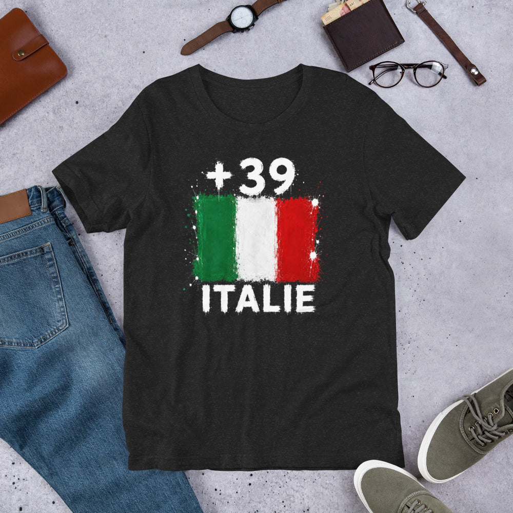 T-shirt Italie +39 avec drapeau floqué effet éclaboussure de peinture - vue de face - Indicatif Fier