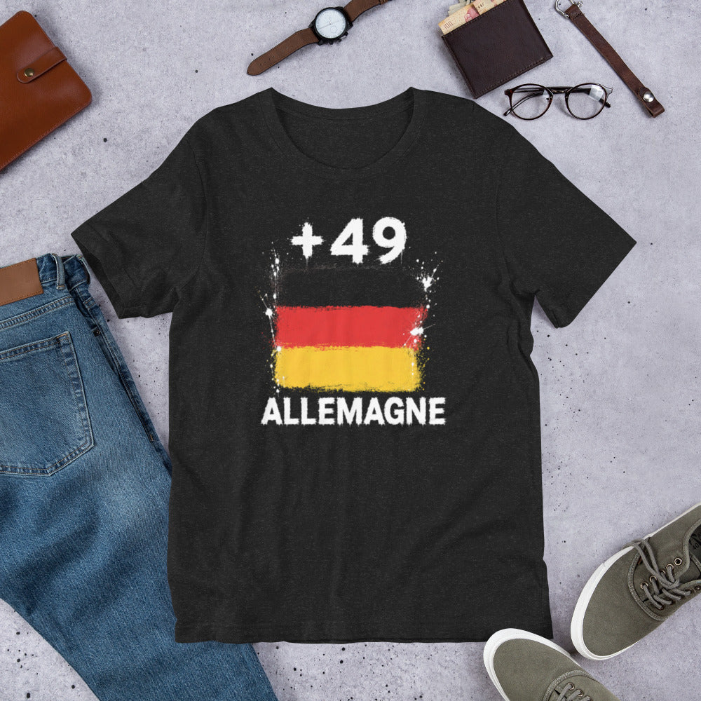 T-shirt Allemagne +49 avec drapeau floqué effet éclaboussure de peinture - vue de face - Indicatif Fier