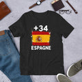 T-shirt Espagne +34 avec drapeau floqué effet éclaboussure de peinture - vue de face - Indicatif Fier