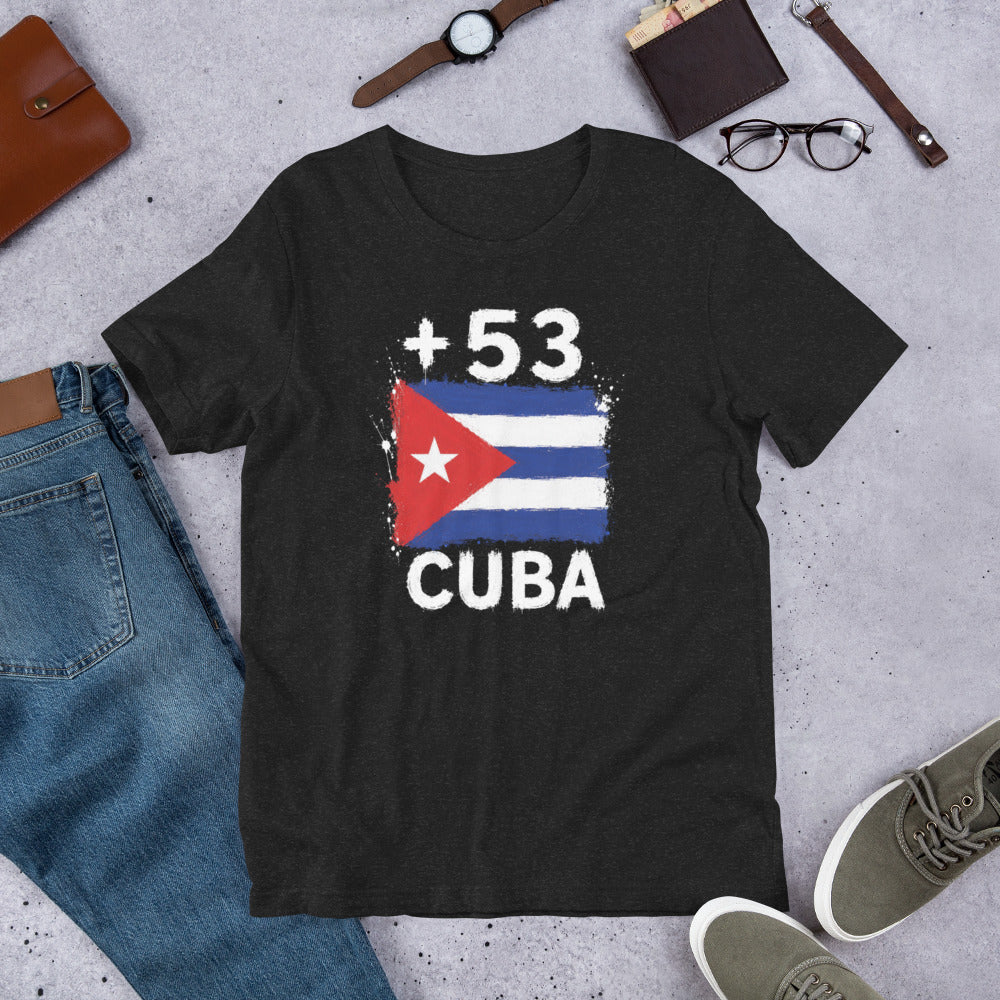 T-shirt gris chiné foncé Cuba +53 avec drapeau cubain floqué effet éclaboussure de peinture - Indicatif Fier
