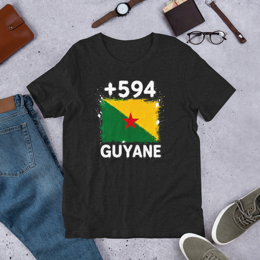 T-shirt noir Guyane +594 avec drapeau guyanais floqué effet éclaboussure de peinture - Indicatif Fier