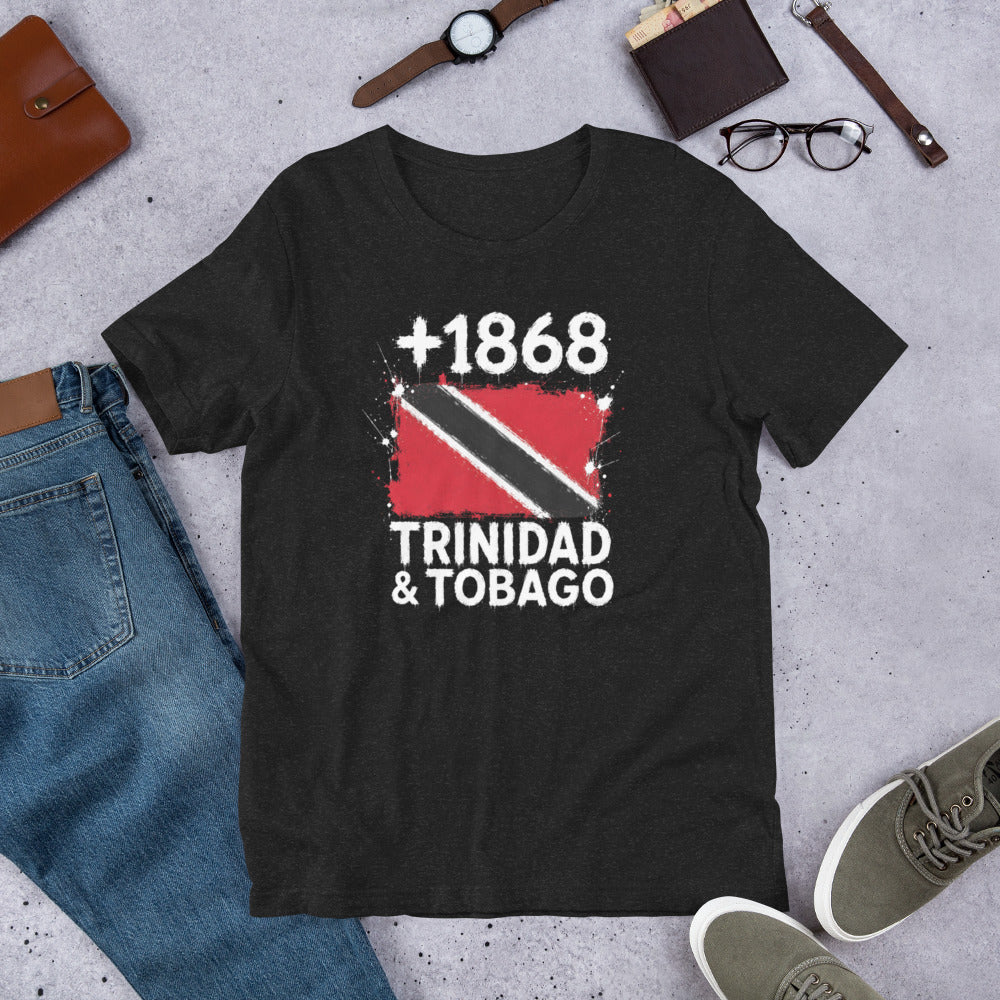 T-shirt gris chiné foncé Trinidad & Tobago +1868 avec drapeau trinidadien floqué effet éclaboussure de peinture et accessoires - Indicatif Fier