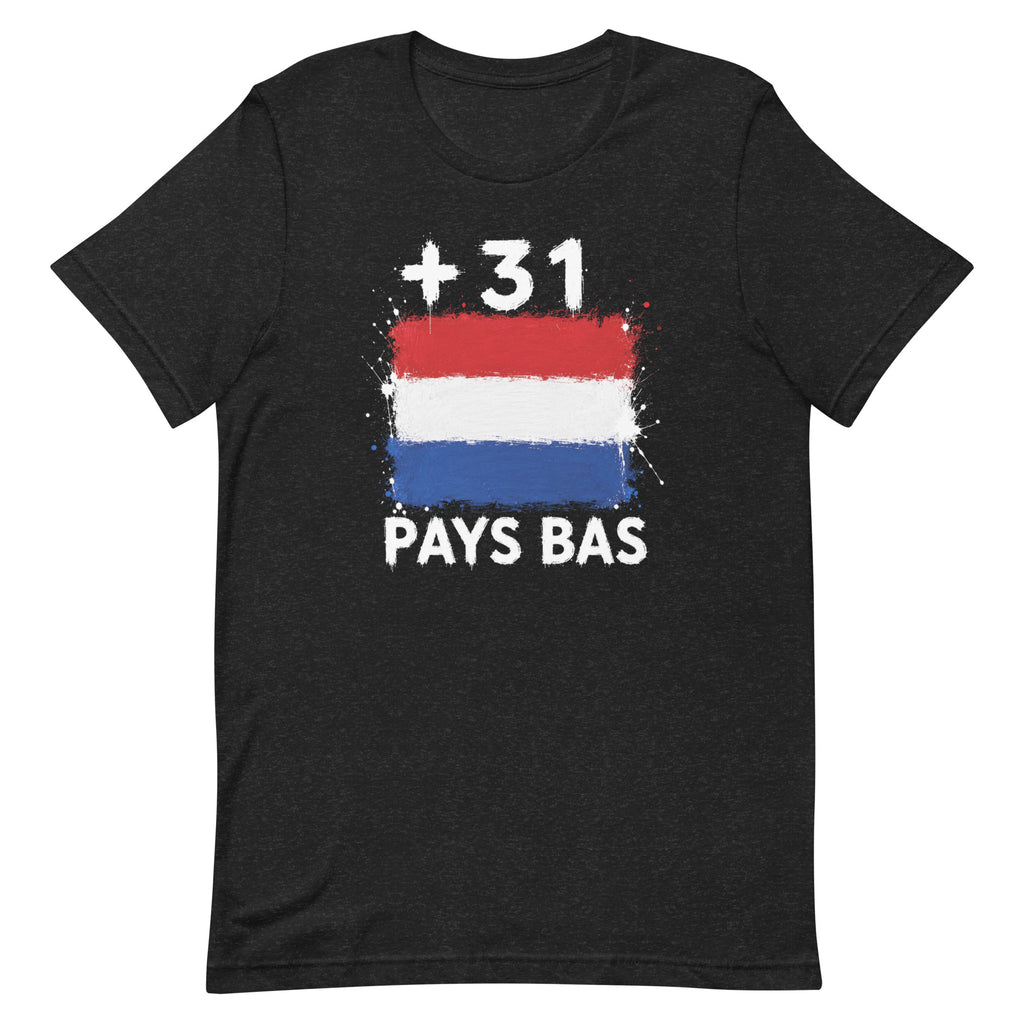T-shirt gris chiné foncé Pays Bas +31 avec drapeau néerlandais floqué effet éclaboussure de peinture - vue de face - Indicatif Fier