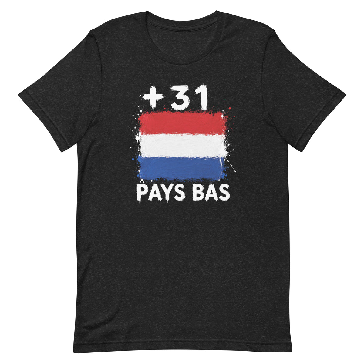 T-shirt gris chiné foncé Pays Bas +31 avec drapeau néerlandais floqué effet éclaboussure de peinture - vue de face - Indicatif Fier