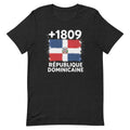 T-shirt gris chiné foncé République Dominicaine +1809 avec drapeau dominicain floqué effet éclaboussure de peinture - vue de face - Indicatif Fier