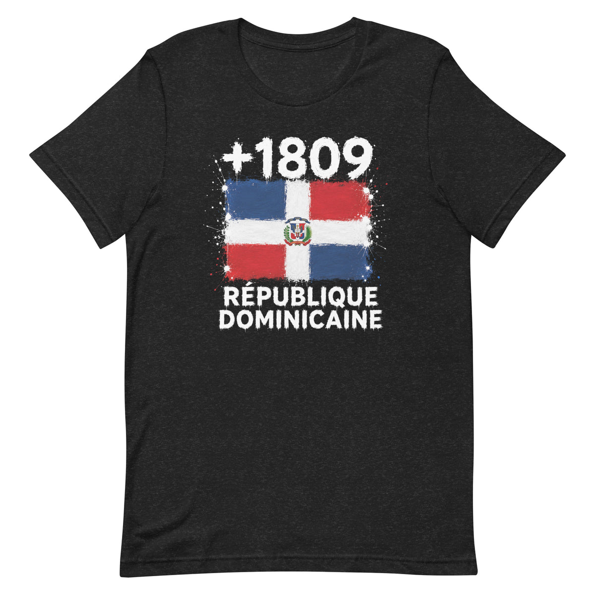 T-shirt gris chiné foncé République Dominicaine +1809 avec drapeau dominicain floqué effet éclaboussure de peinture - vue de face - Indicatif Fier