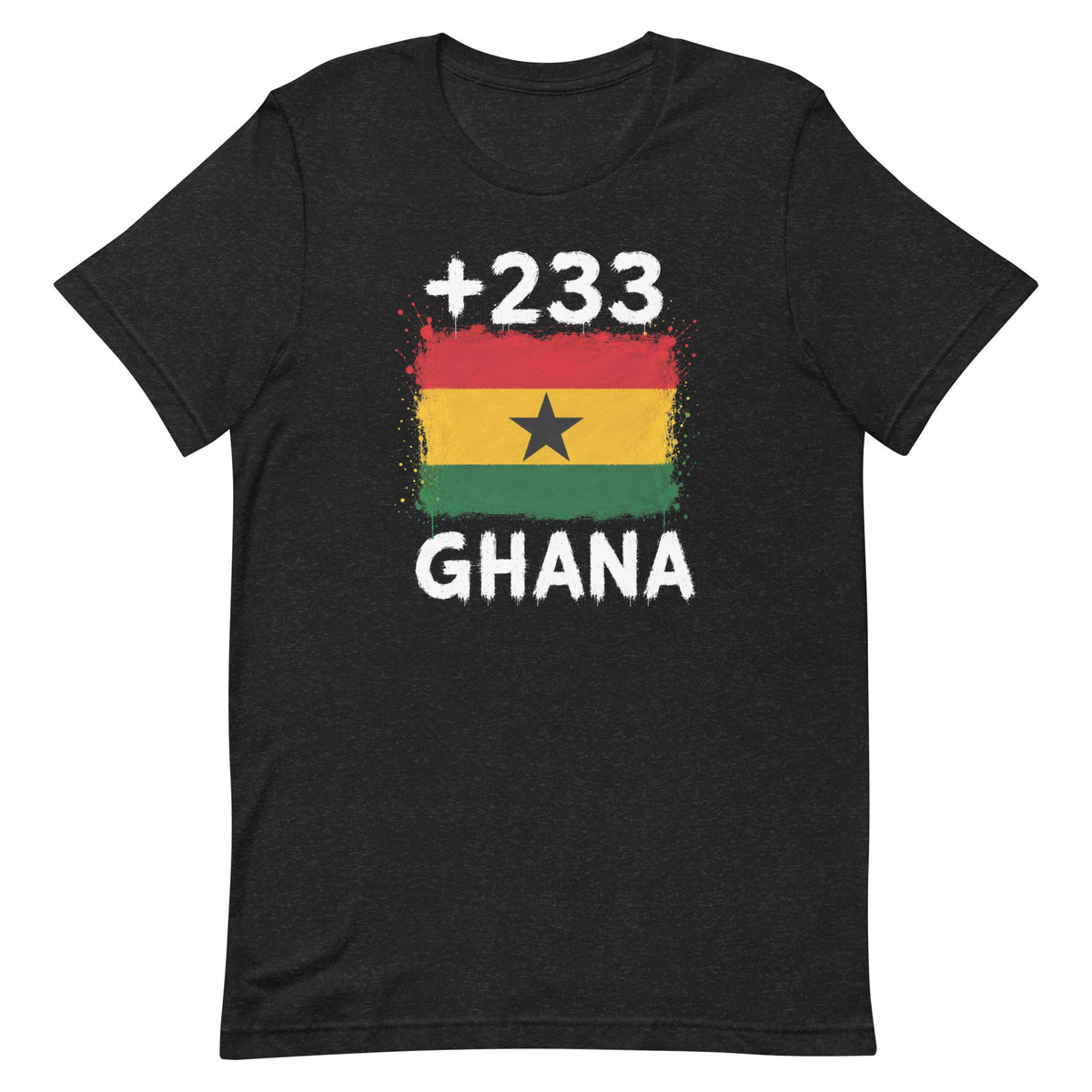 T-shirt Ghana +233 noir, vue de face, drapeau ghanéen floqué sur coton noir