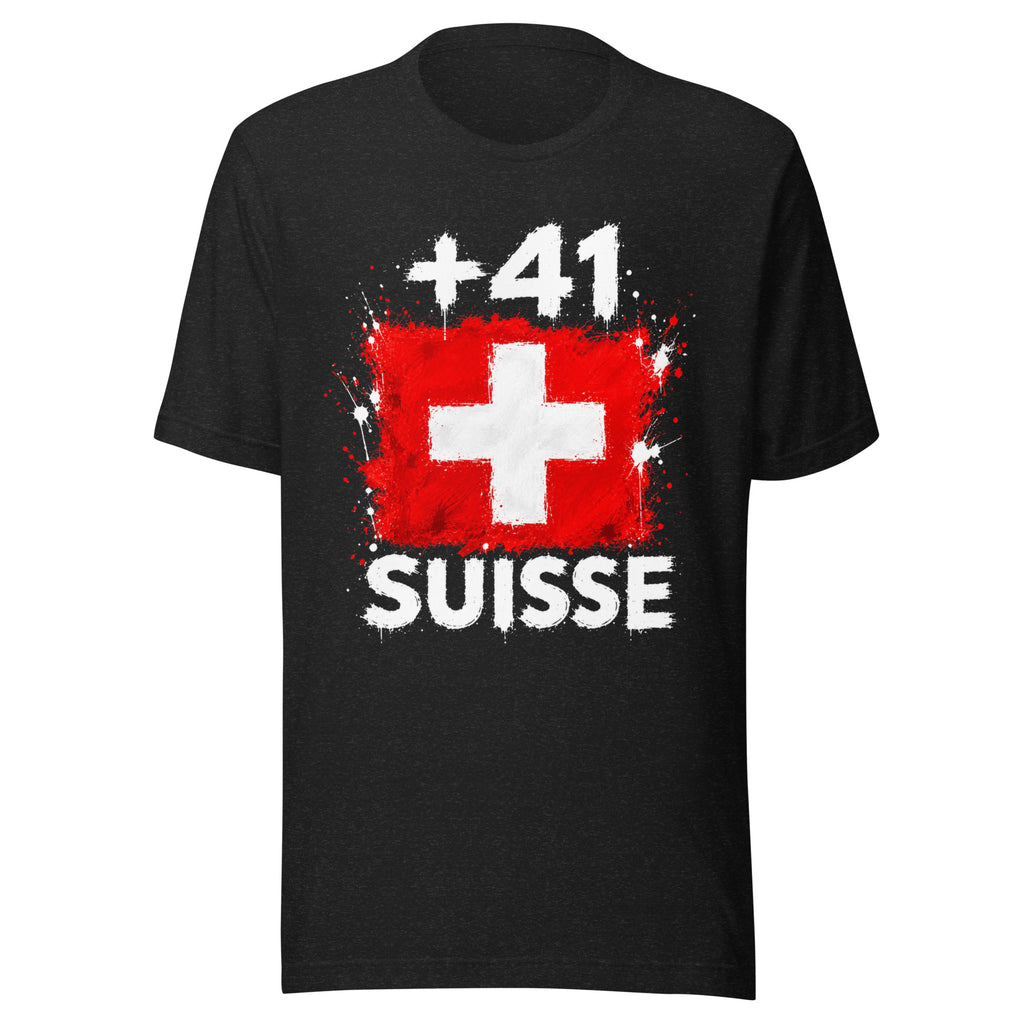 T-shirt Suisse +41 - Noir, vue de face avec le drapeau suisse et l'indicatif +41