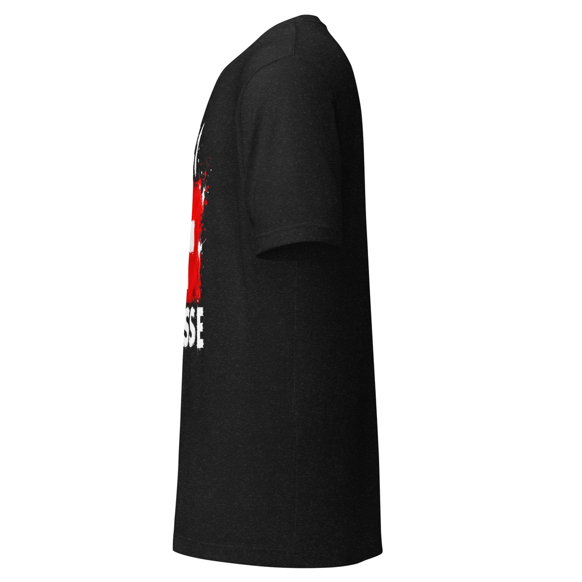 T-shirt Suisse +41 - Noir avec drapeau floqué effet éclaboussure de peinture - vue de profil gauche - Indicatif Fier
