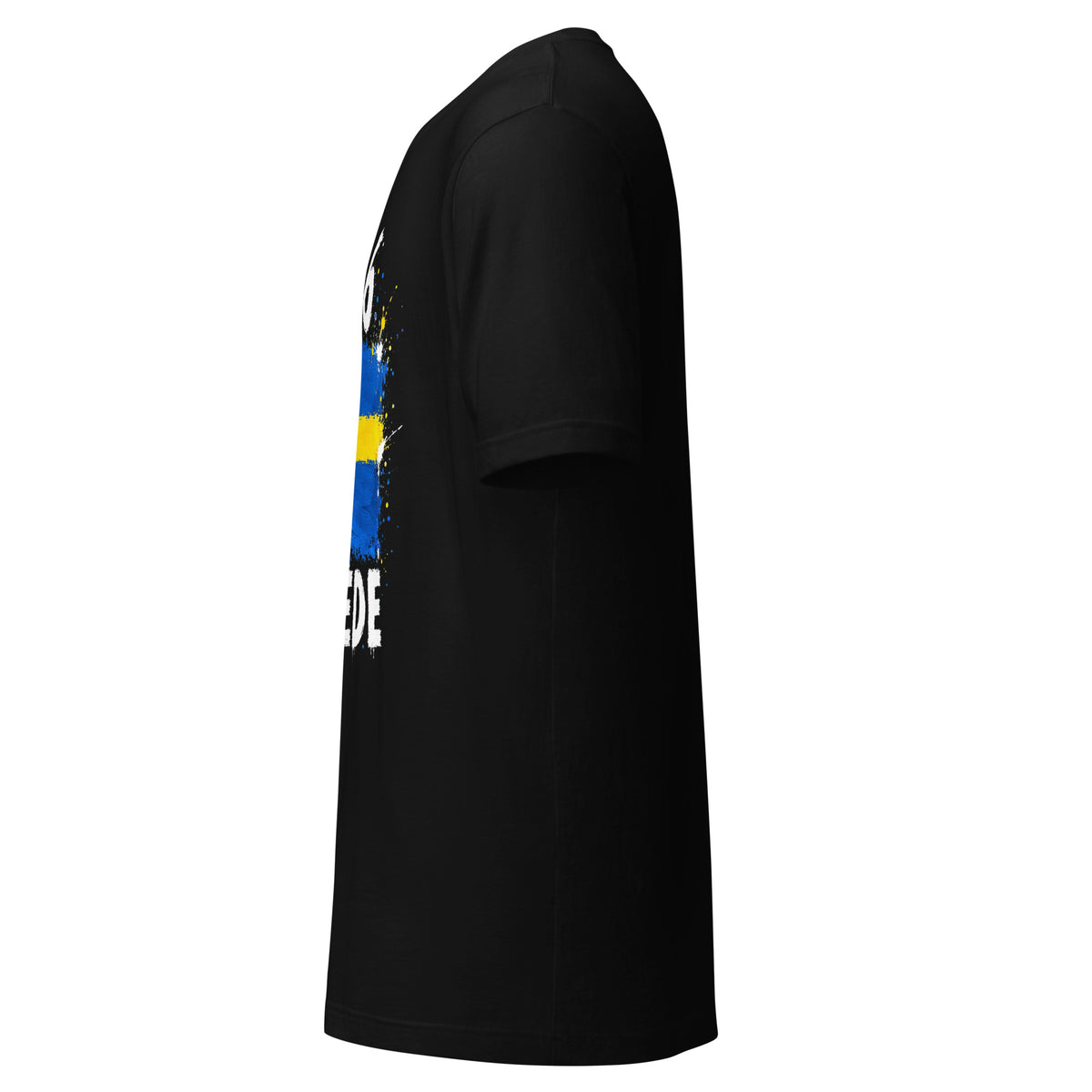 T-shirt Suède - Noir avec drapeau floqué effet éclaboussure de peinture - vue de profil gauche - Indicatif Fier