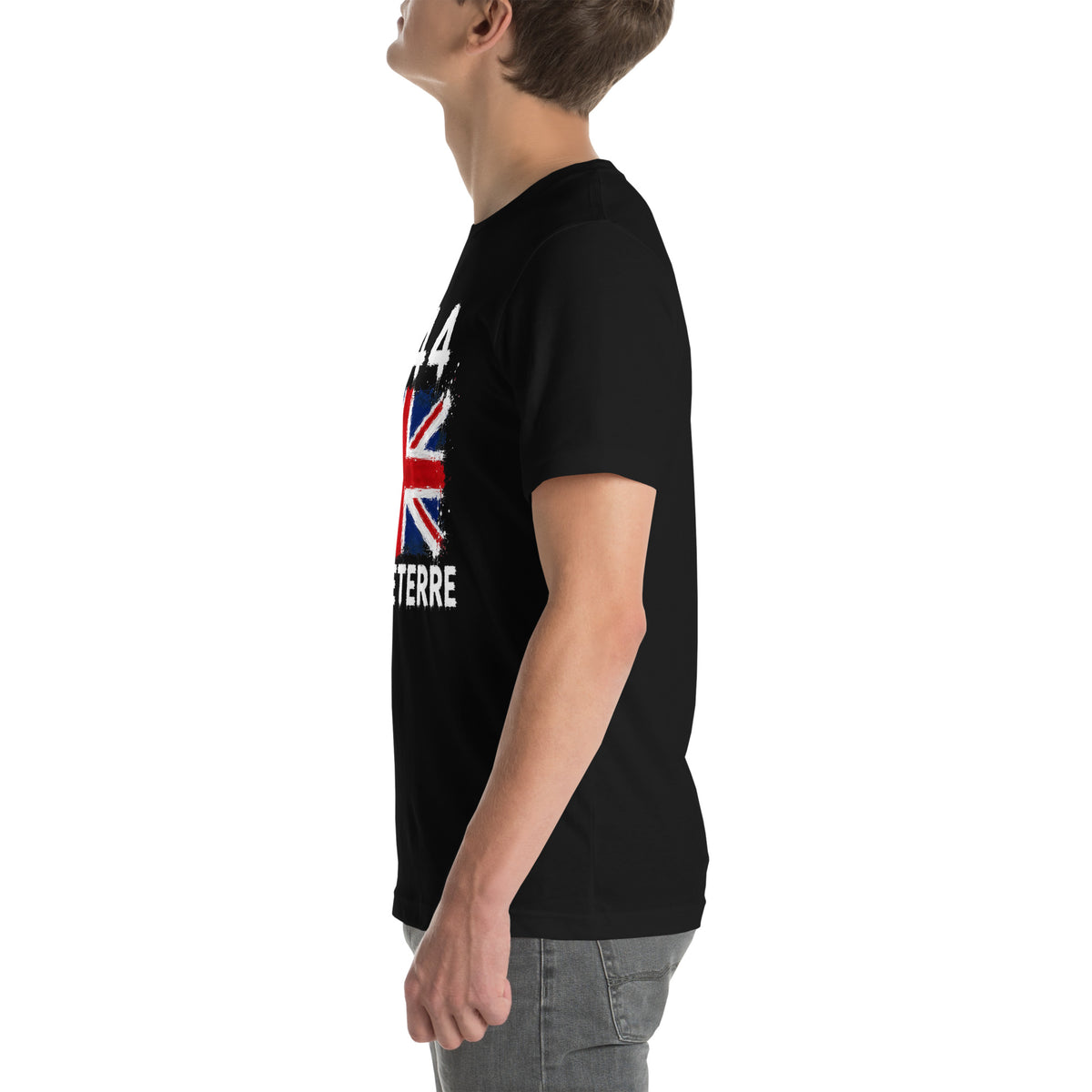 T-shirt Noir Angleterre +44 avec drapeau floqué effet éclaboussure de peinture - vue de profil gauche - Indicatif Fier
