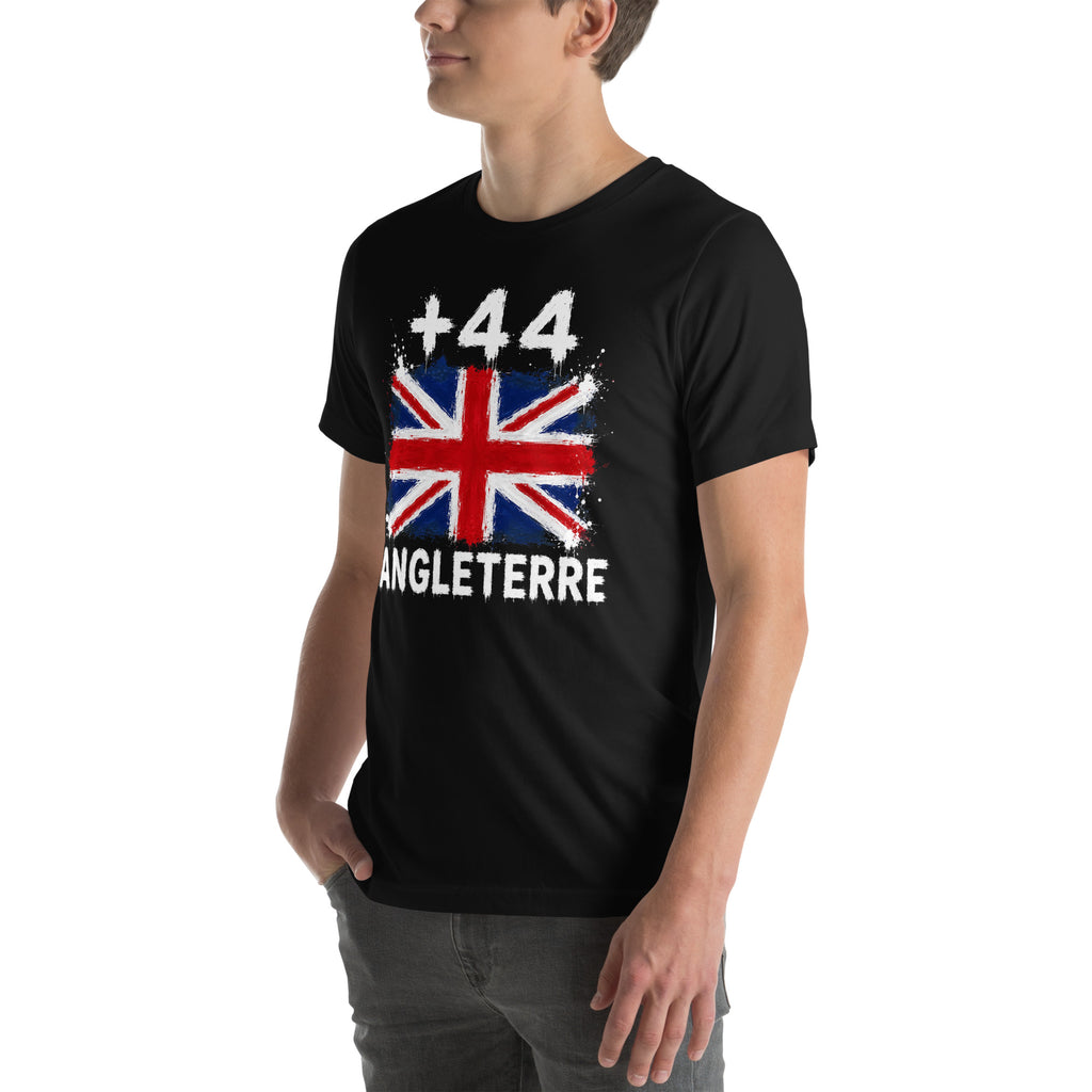 T-shirt Noir Angleterre +44 avec drapeau floqué effet éclaboussure de peinture - vue de trois-quarts gauche - Indicatif Fier