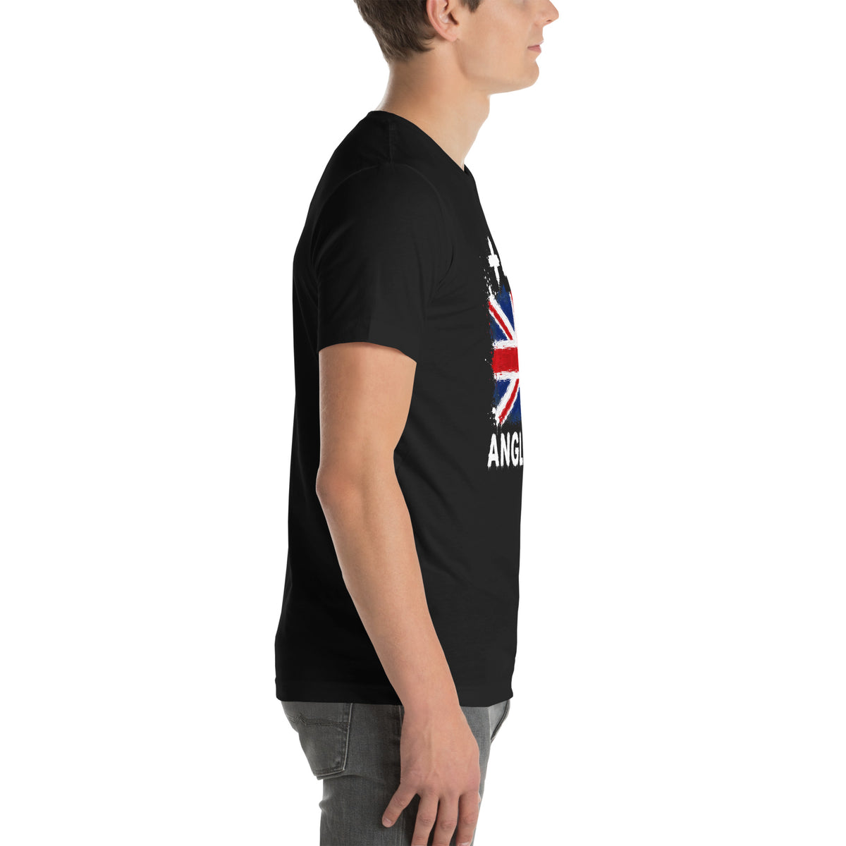 T-shirt Noir Angleterre +44 avec drapeau floqué effet éclaboussure de peinture - vue de profil droit - Indicatif Fier