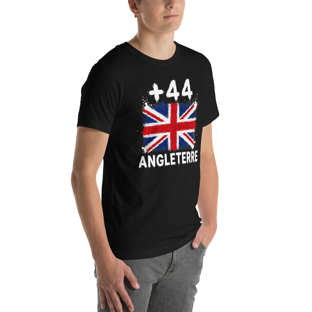 T-shirt Noir Angleterre +44 avec drapeau floqué effet éclaboussure de peinture - vue de trois-quarts droit - Indicatif Fier