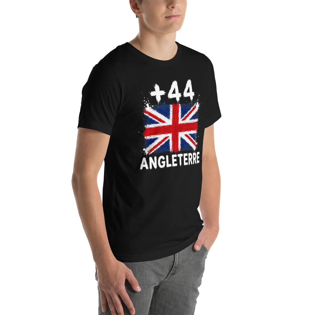 T-shirt Noir Angleterre +44 avec drapeau floqué effet éclaboussure de peinture - vue de trois-quarts droit - Indicatif Fier