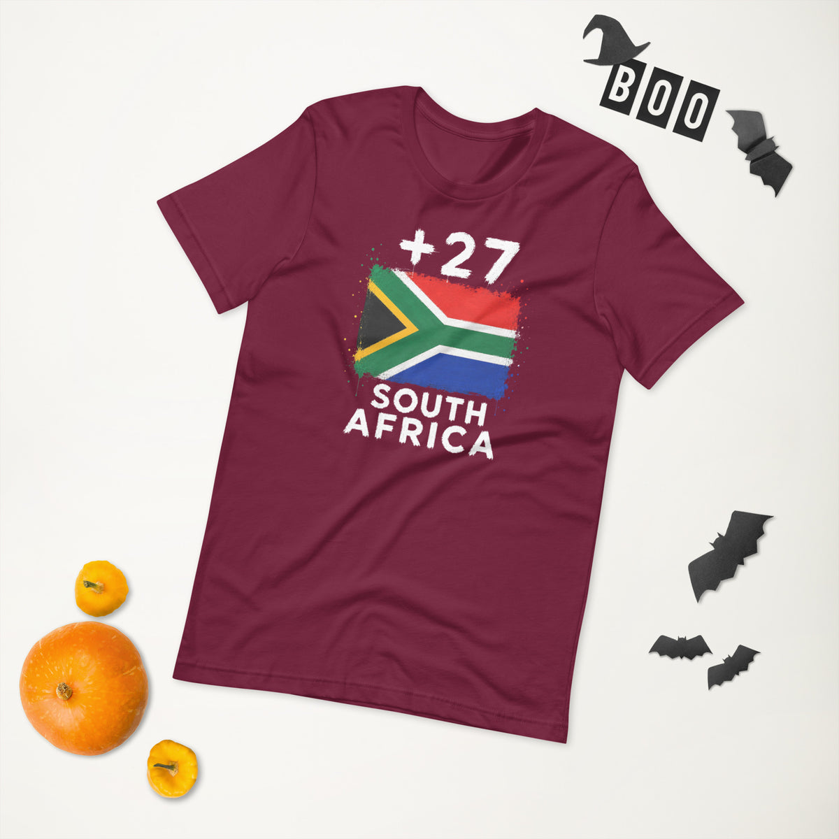T-shirt Afrique du Sud +27 - Maroon avec drapeau floqué effet éclaboussure de peinture - vue de face - Indicatif Fier