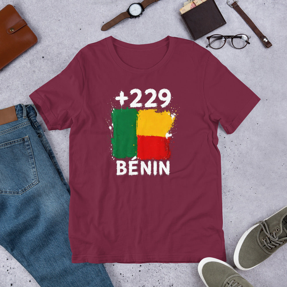 T-shirt Bénin +229 Maroon vue de face, drapeau béninois