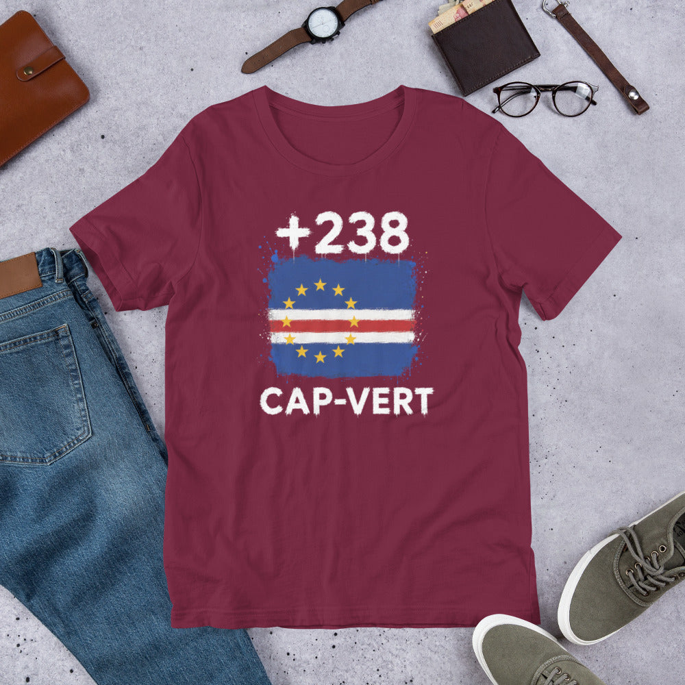 T-shirt Cap-Vert +238 Maroon vue de face, drapeau cap-verdien