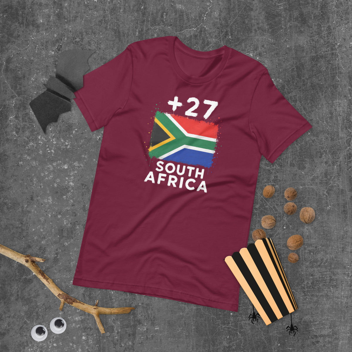 T-shirt Afrique du Sud +27 Maroon vue de face, drapeau sud-africain