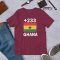 T-shirt Ghana +233 Maroon vue de face, drapeau ghanéen