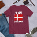T-shirt Danemark +45 Maroon vue de face, drapeau danois