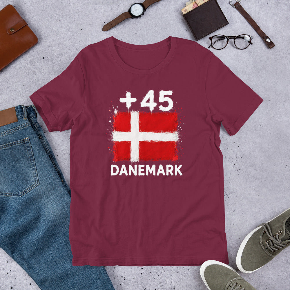 T-shirt Danemark +45 Maroon vue de face, drapeau danois