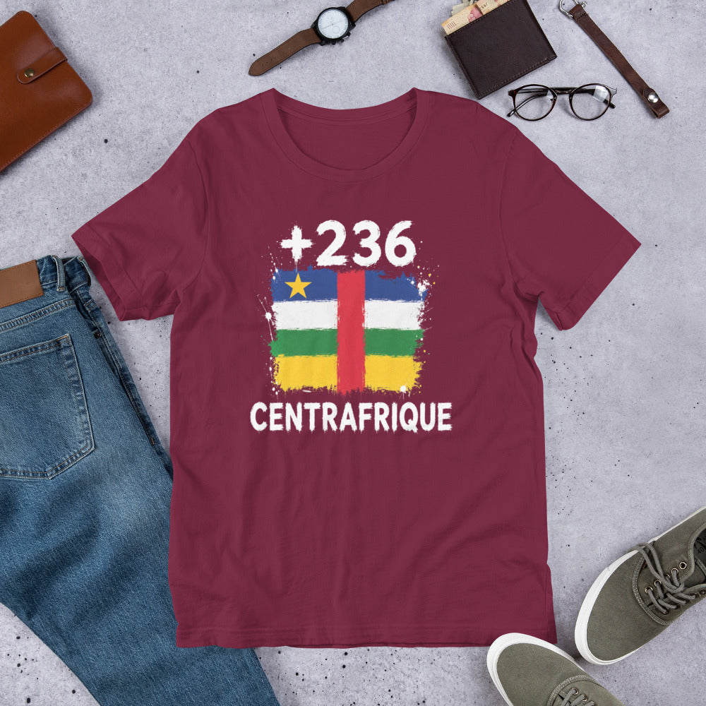 T-shirt Centrafrique +236 Maroon vue de face, drapeau centrafricain