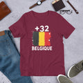 T-shirt Belgique +32 Maroon vue de face, drapeau belge
