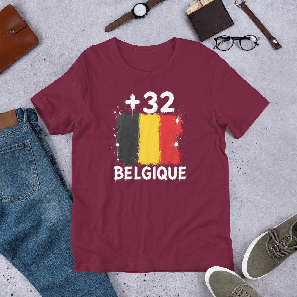 T-shirt Belgique +32 Maroon vue de face, drapeau belge