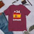 T-shirt Espagne +34 Maroon vue de face, drapeau espagnol