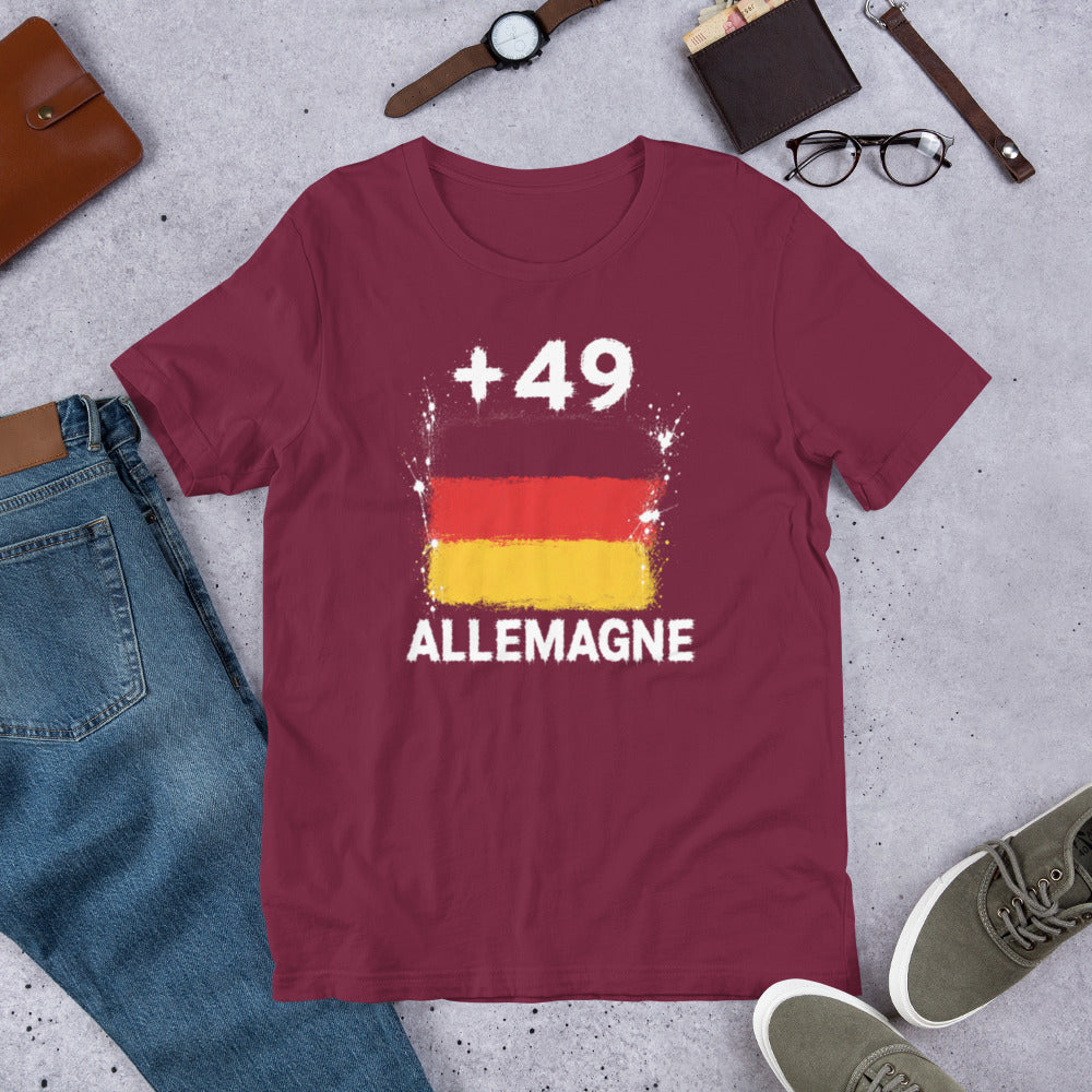 T-shirt Allemagne +49 Maroon vue de face, drapeau allemand