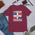 T-shirt République Dominicaine +1809 Maroon vue de face, drapeau dominicain