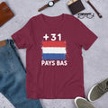 T-shirt Pays Bas +31 Maroon vue de face, drapeau néerlandais
