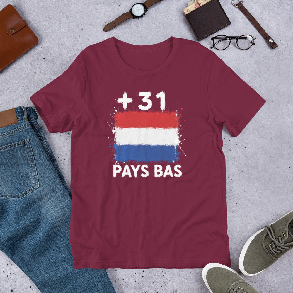 T-shirt Pays Bas +31 Maroon vue de face, drapeau néerlandais