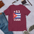 T-shirt Cuba +53 Maroon vue de face, drapeau cubain