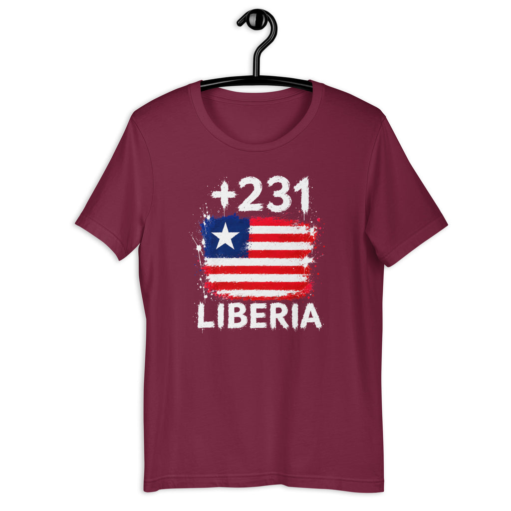 T-shirt Liberia +231 Maroon vue de face, drapeau libérien