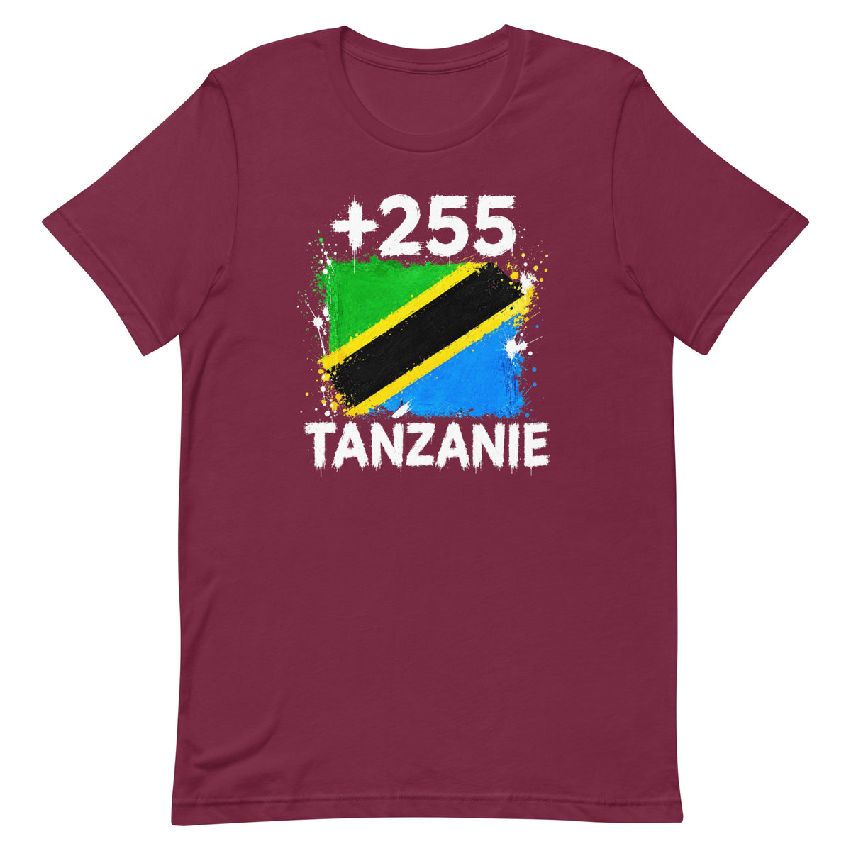 T-shirt Tanzanie +255 maroon vue de face, sérigraphie drapeau tanzanien