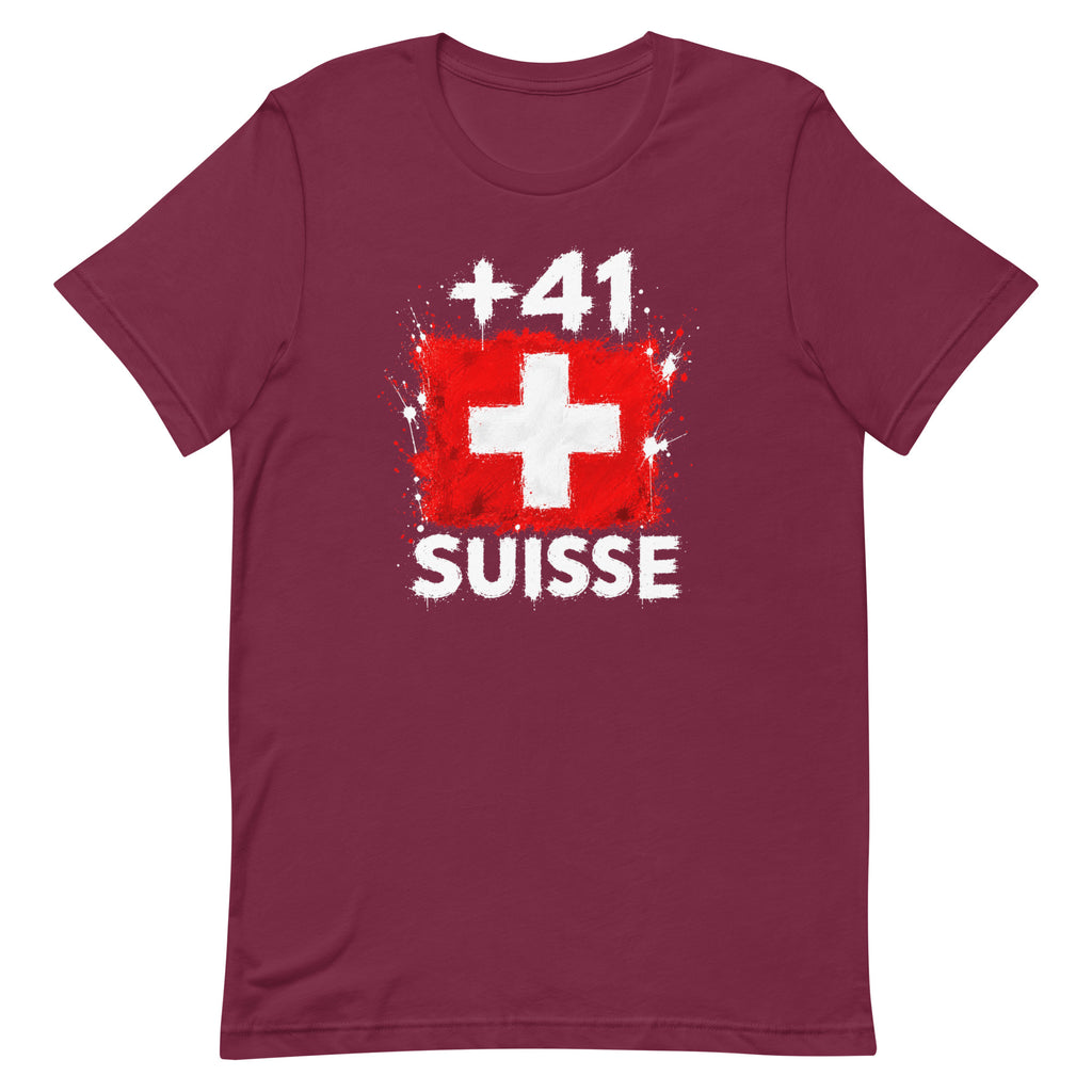 T-shirt Suisse - Maroon, vue de face avec le drapeau suisse et l'indicatif +41
