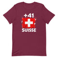 T-shirt Suisse - Maroon, vue de face avec le drapeau suisse et l'indicatif +41