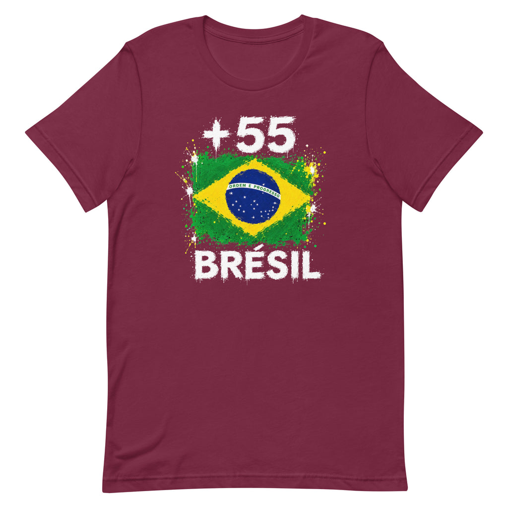 T-shirt Brésil +55 bordeaux vue de face, sérigraphie drapeau brésilien