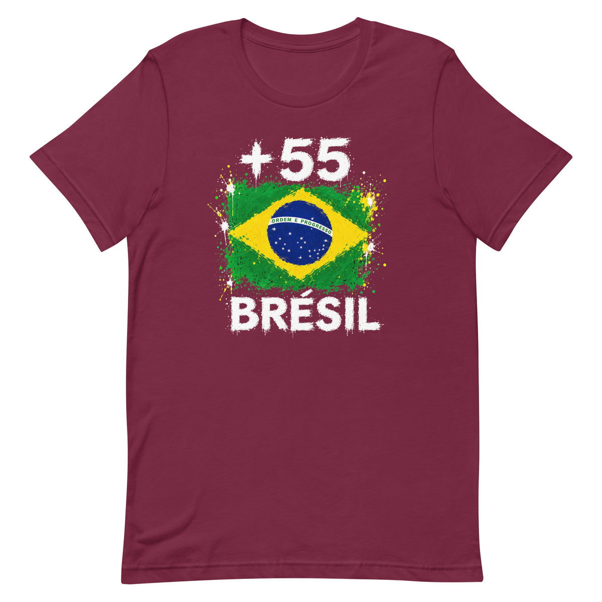 T-shirt Brésil +55 bordeaux vue de face, sérigraphie drapeau brésilien