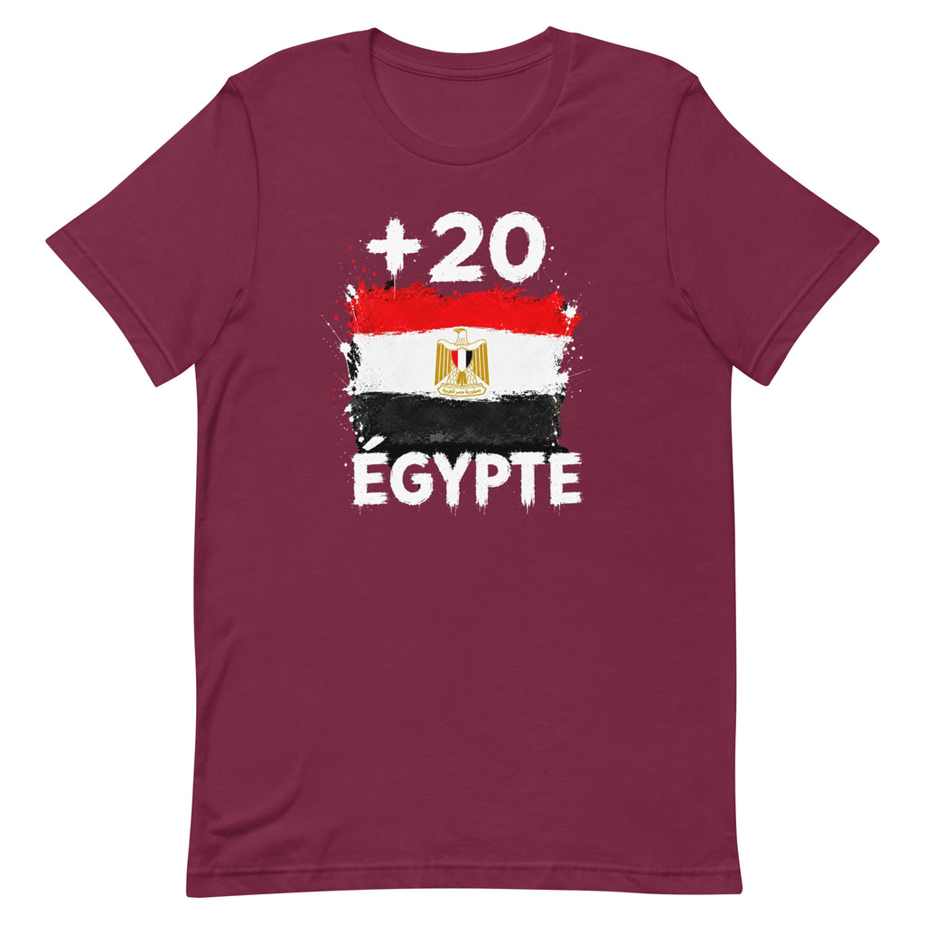 T-shirt Égypte +20 bordeaux vue de face, sérigraphie drapeau égyptien