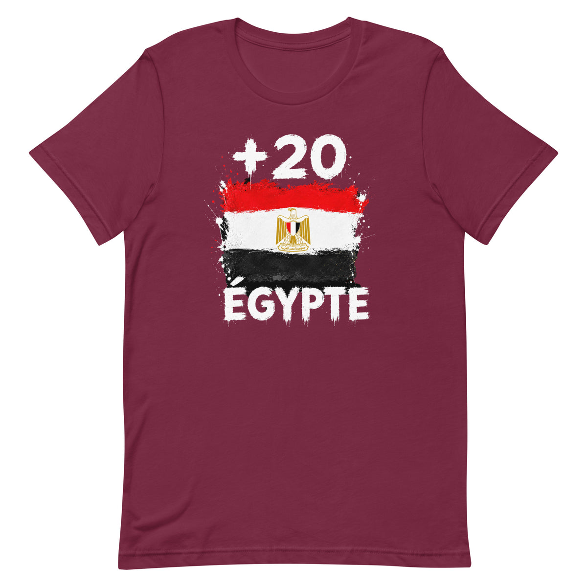 T-shirt Égypte +20 bordeaux vue de face, sérigraphie drapeau égyptien