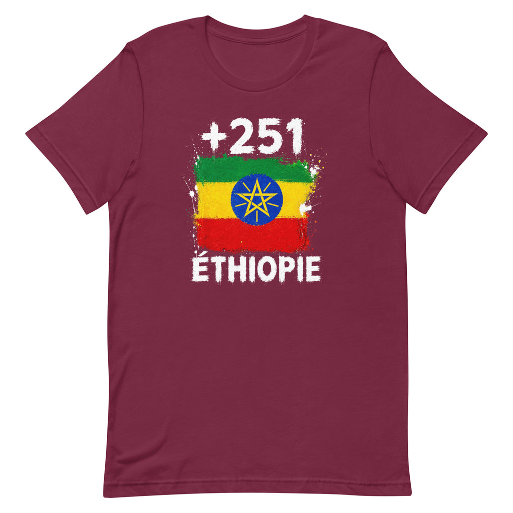 T-shirt Éthiopie +251 bordeaux vue de face, sérigraphie drapeau éthiopien