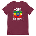 T-shirt Éthiopie +251 bordeaux vue de face, sérigraphie drapeau éthiopien