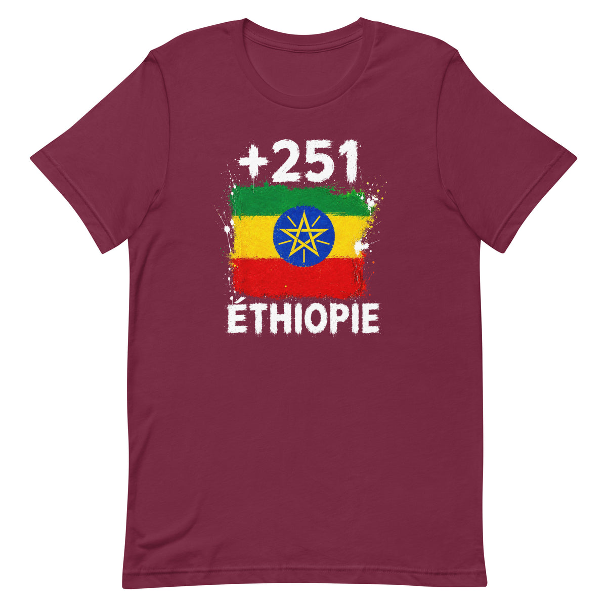 T-shirt Éthiopie +251 bordeaux vue de face, sérigraphie drapeau éthiopien