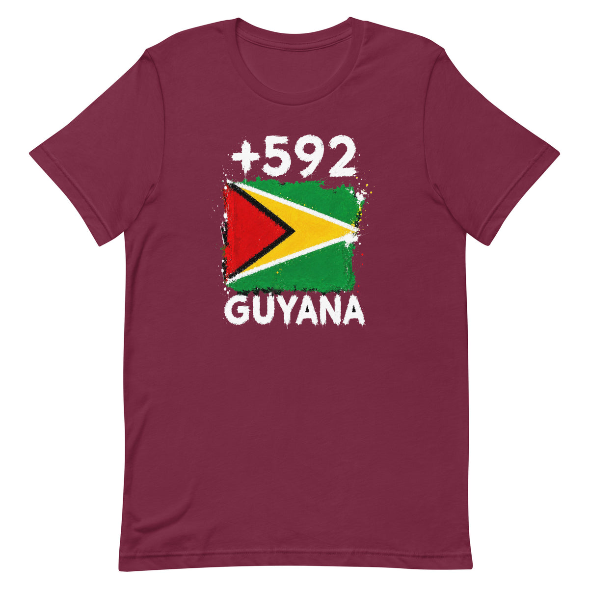 T-shirt Guyana +592 bordeaux vue de face, sérigraphie drapeau guyanien