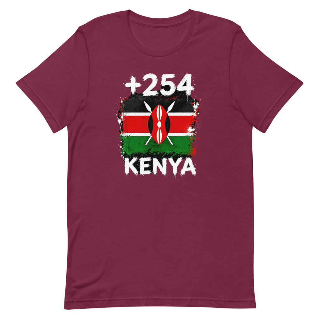 T-shirt Kenya +254 bordeaux vue de face, sérigraphie drapeau kényan
