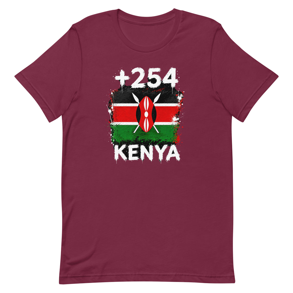 T-shirt Kenya +254 bordeaux vue de face, sérigraphie drapeau kényan